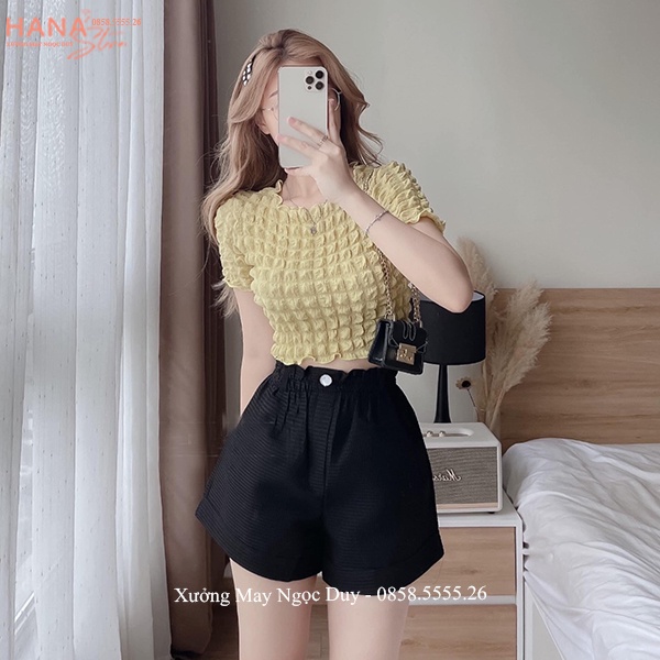 Quần đùi nữ mặc nhà cạp chun lưng cao bèo đính đai vải thun xốp mềm mát dáng quần short nữ ống rộng vừa mặc đi biển chơi