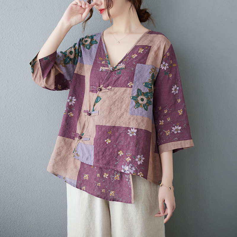 Ice linen cotton linen tops in the sleeves of the button retro print color blocking V-neck shirt large size women