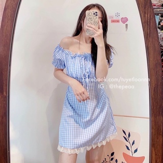 Đầm caro xanh phối nơ