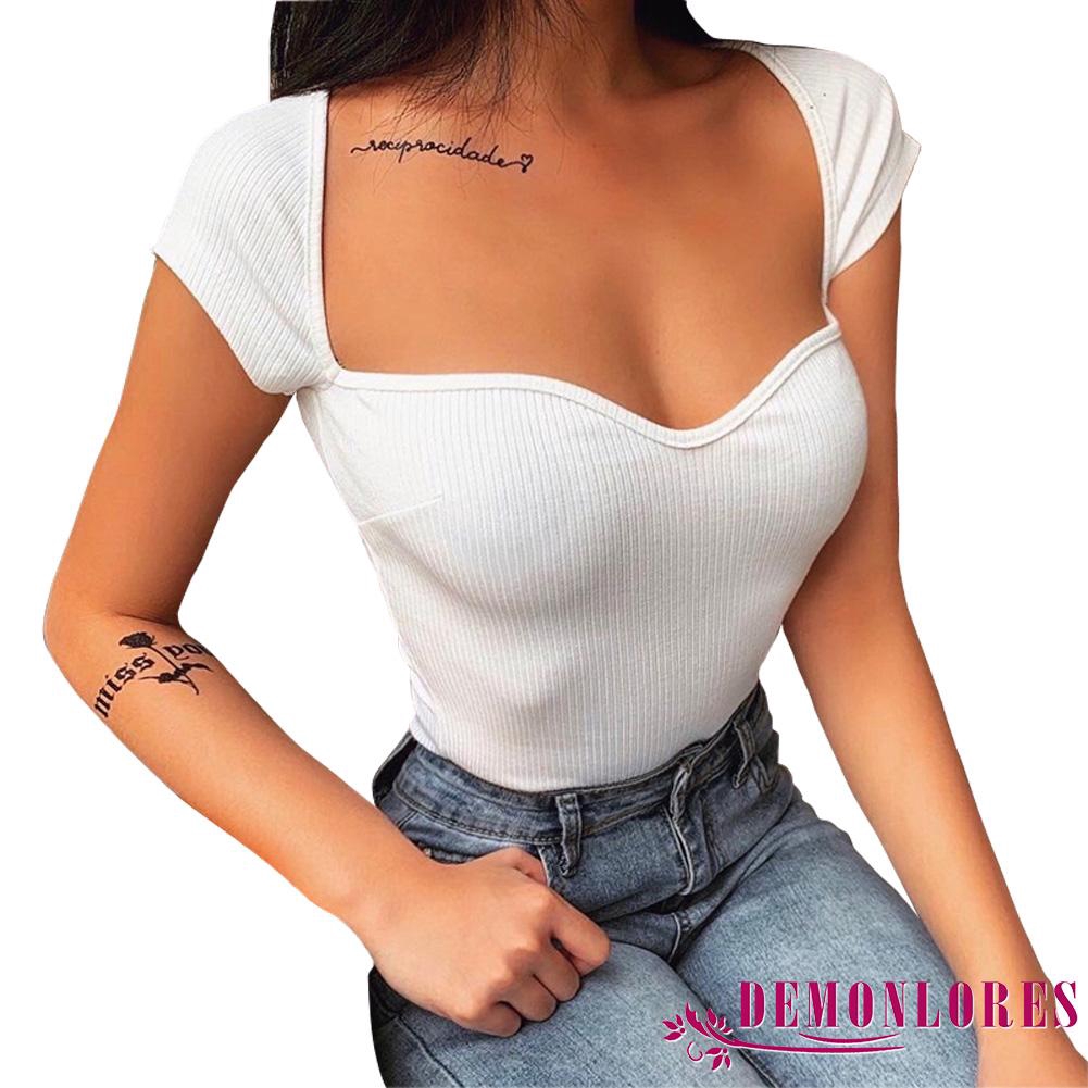 Áo thun cổ Y màu trơn dáng ôm vừa vặn gợi cảm cho nữ