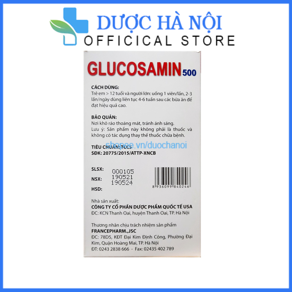 Viên xương khớp Glucosamin 500mg bỏ sung canxi d3 giảm đau nhức mỏi xương khớp , chống thoái hóa Hộp 100 viên