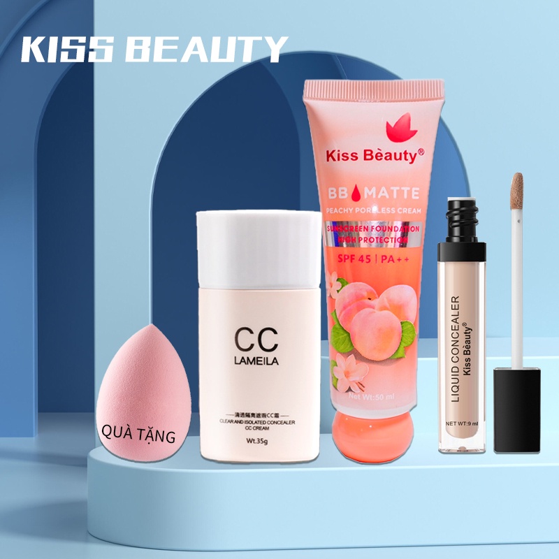 Bộ sản phẩm Bộ 4 mỹ phẩm bao gồm Kem lót+Kem nền BB+Kem che khuyết điểm+Bọt biển trang điểm KB-4JT-F01