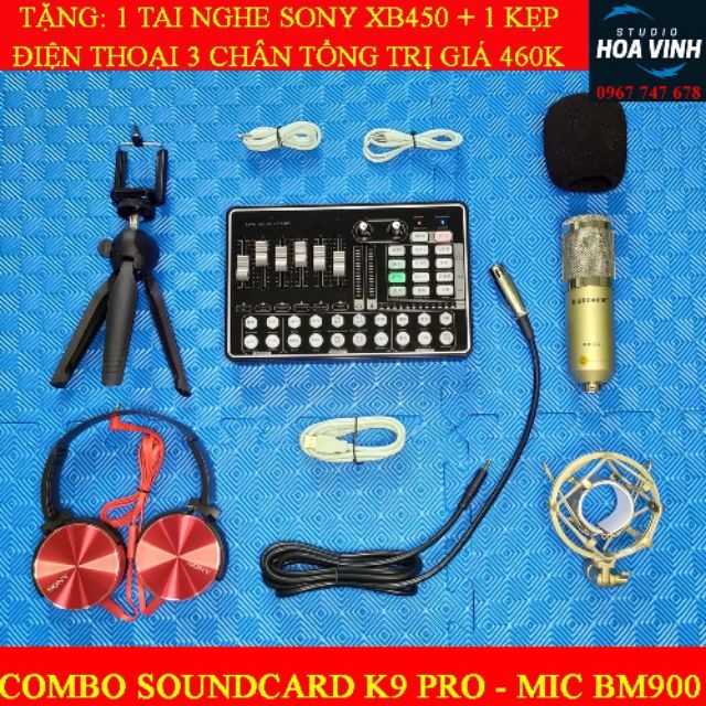 Combo trọn bộ thu âm, livestream sound card K9 + mic BM900 + Tặng nghay tai nghe, kẹp điện thoại