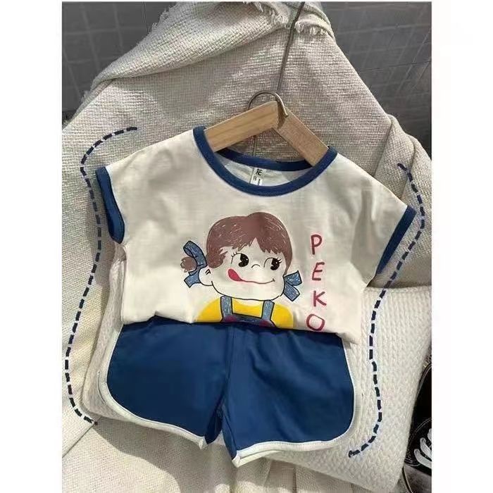 Bộ Áo Thun Cotton Ngắn Tay Họa Tiết Hoạt Hình + Quần Short Xinh Xắn Theo Phong Cách Mùa Hè Hàn Quốc