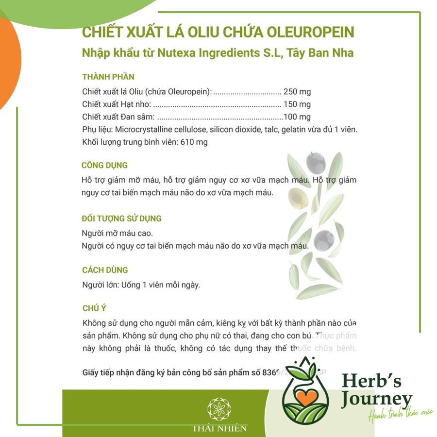 Viên uống giảm mỡ máu Olive - Hỗ trợ hạ mỡ máu - Hộp 30 viên - Công ty TNHH Thái Nhiên