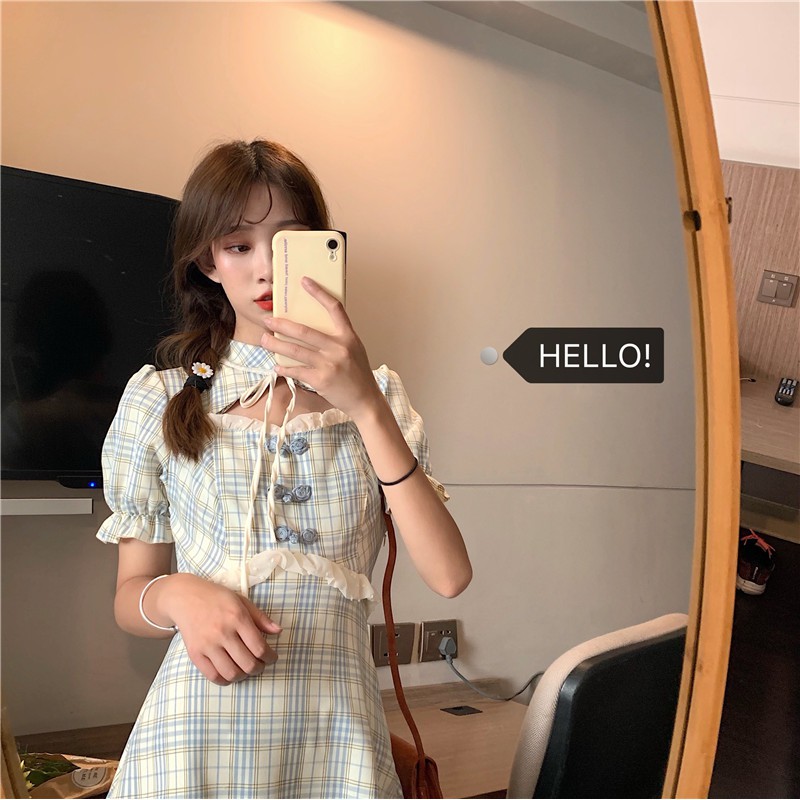 [VD083] Đầm caro sườn xám cách điệu (có ảnh thật)