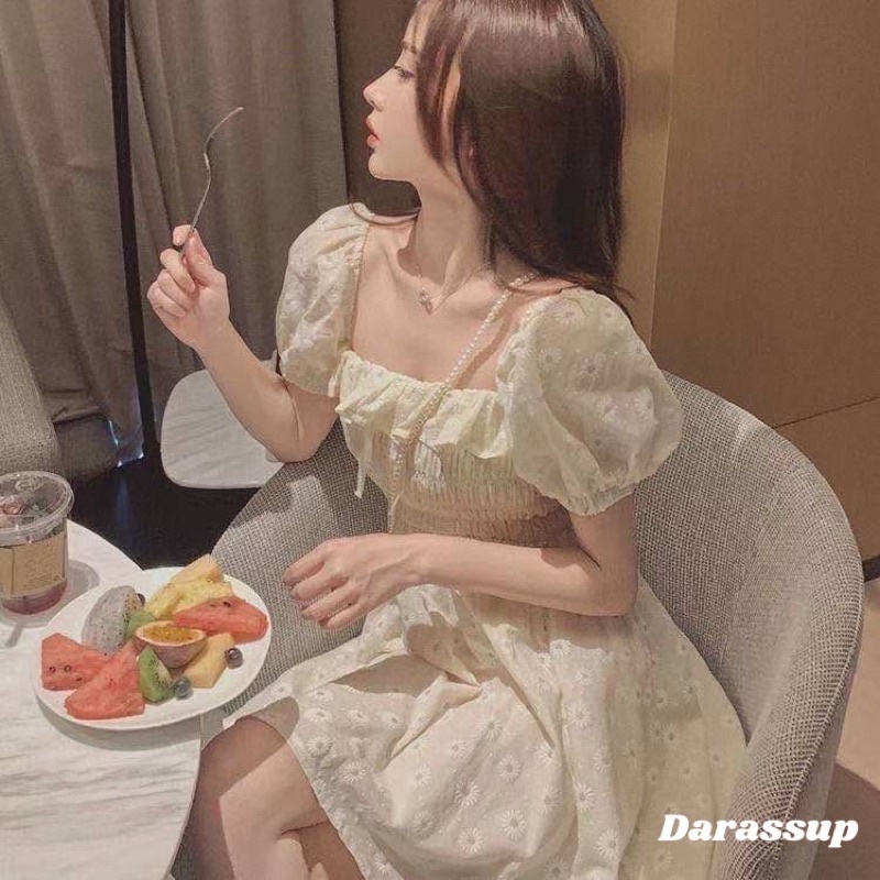 Váy hoa daisy thêu nổi tay phồng hai lớp