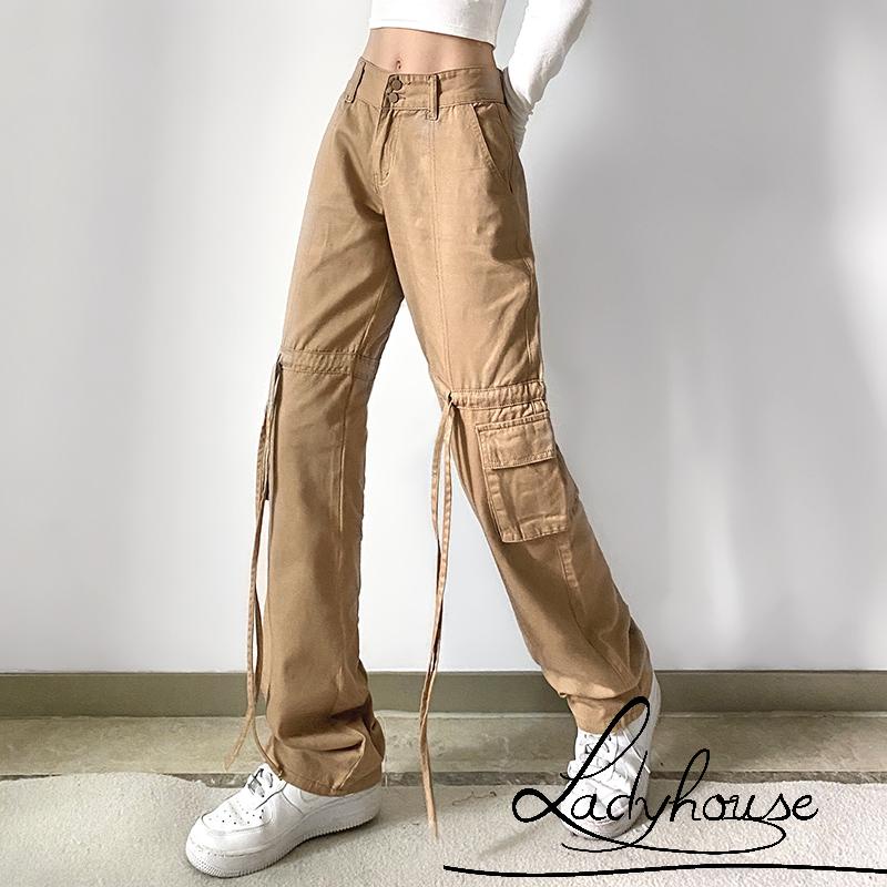Quần Kaki Dài Lưng Cao Nhiều Túi Màu Trơn Thời Trang Dành Cho Nữ