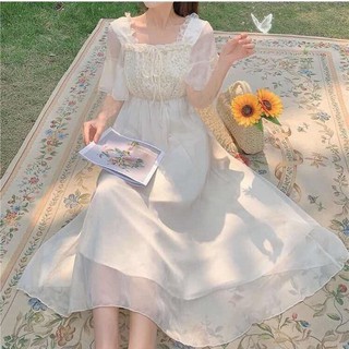 Đầm lưới dài tay dài và tay ngắn cổ vuông phối ren công chúa tiểu thư ulzzang