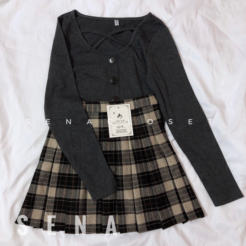 Set áo dây chéo ngực kèm chân váy tennis kẻ (Ảnh thật/ Video