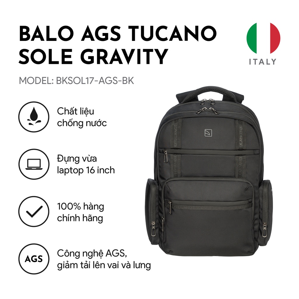 Balo Laptop/ Macbook AGS Tucano Sole Gravity cao cấp tốt cho sức khỏe 17 inch