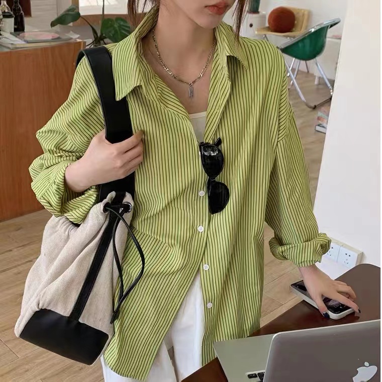 Áo sơ mi SUXI tay dài dáng rộng họa tiết kẻ sọc thời trang mùa hè cho nữ