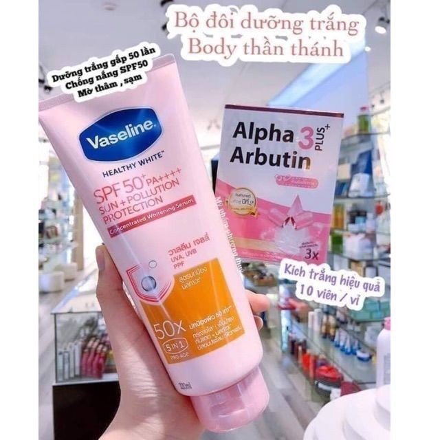 Combo dưỡng da Vaseline 50X 320ml và viên kích trắng Alpha Arbutin