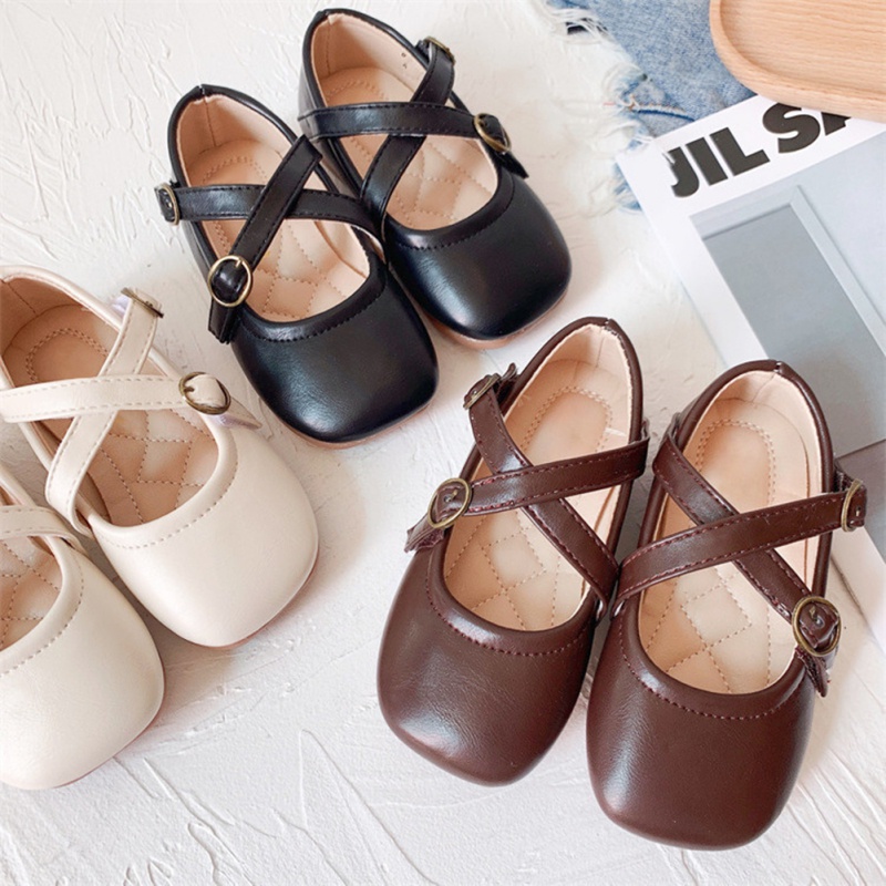 Giày Búp Bê Da Mũi Vuông Đế Mềm Phong Cách Retro Cho Bé Gái