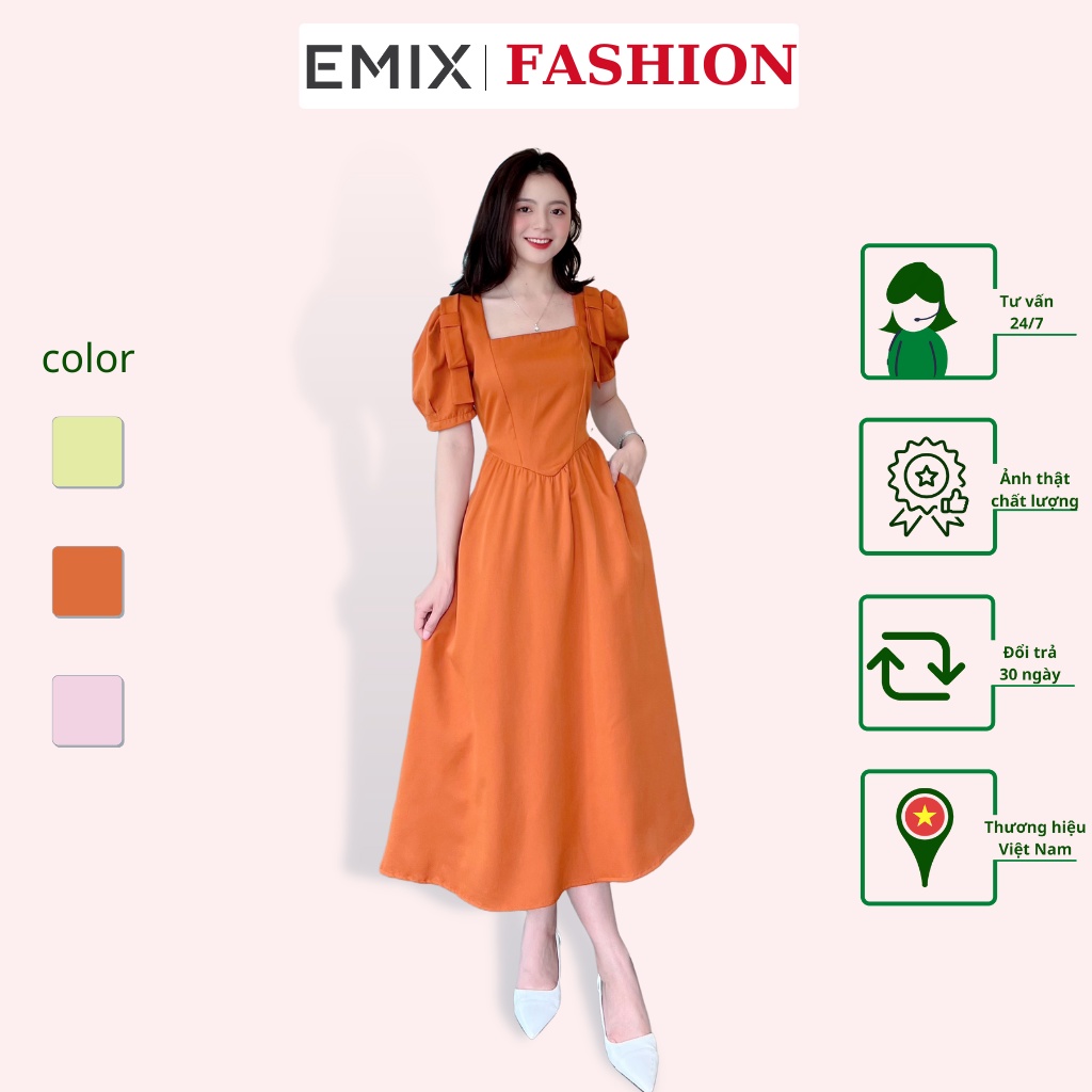 Váy tiểu thư nơ vai tay bồng EMIX (3 màu), đầm dự tiệc, chữ A, dáng dài maxi, vai nơ kép xếp, có túi hông, chất vải chéo