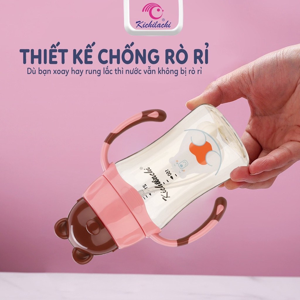 Bình tập uống nước Tritan 2in1 240ml chống sặc hình gấu Kichilachi cho bé [Tặng cọ ống hút]