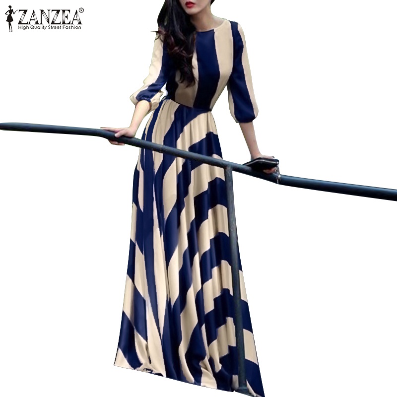 Đầm maxi ZANZEA tay 3/4 hoạ tiết kẻ sọc phong cách Châu Âu nữ tính thanh lịch