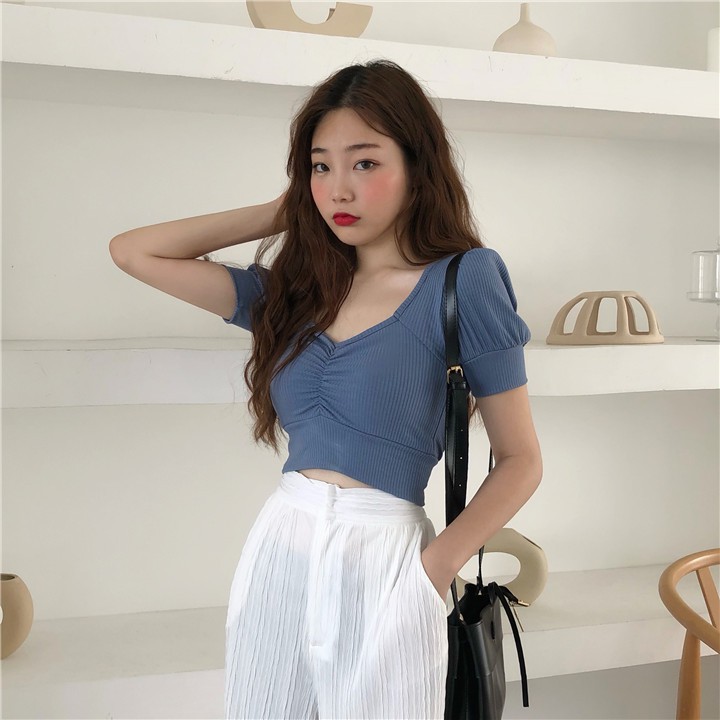 Xiaozhainv Áo thun cổ chữ V tay ngắn màu trơn phong cách Hàn Quốc xinh xắn cho nữ | BigBuy360 - bigbuy360.vn