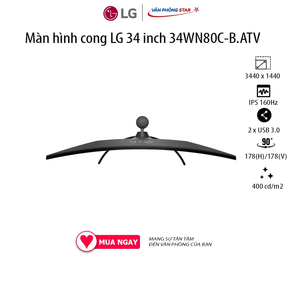 Màn hình cong LG 34 inch 34WN80C Tấm nền IPS, Góc nhìn 178(H) / 178(V) Tần số quét 60Hz HIển thị màu sắc 1 tỉ màu