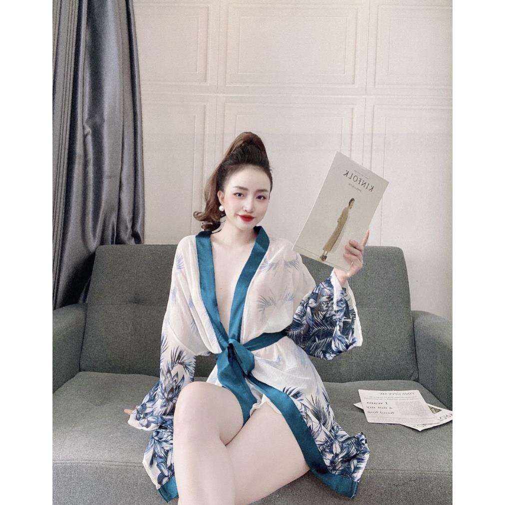 Áo Choàng Ngủ Sexy, Áo Ngủ Kimono Sexy, Áo Choàng Xuyên Thấu Chất Voan Hoa Phối Quần Satin Trơn Cao Cấp, Gợi Cảm, Thu Hú | BigBuy360 - bigbuy360.vn