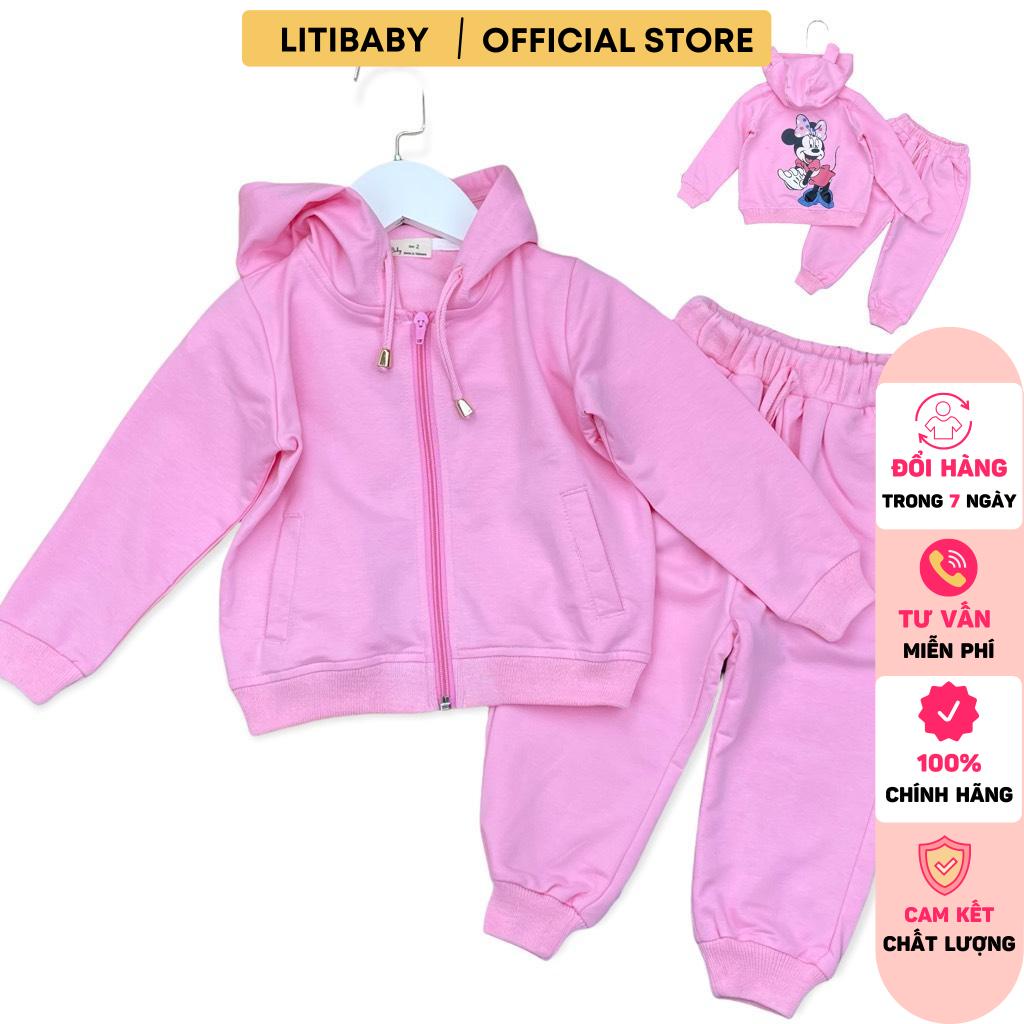 Bộ nỉ LITIBABY, chất nỉ da cá, kèm mũ, in hình mickey, size 1/6T