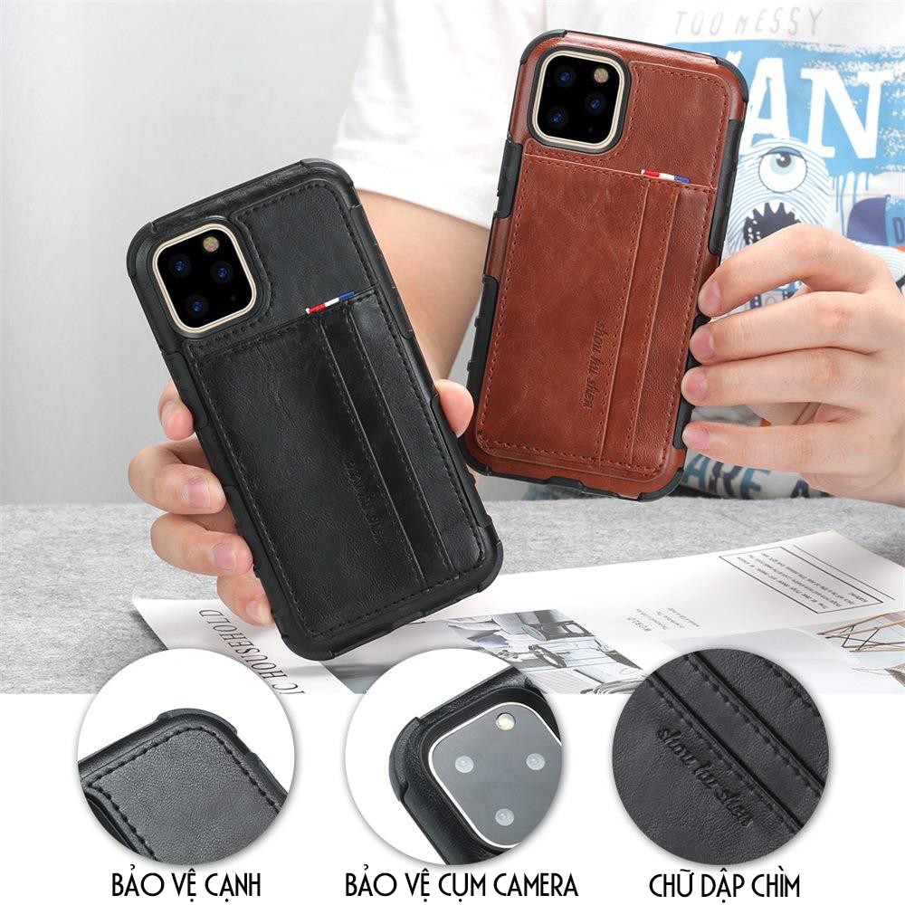 Ốp da Iphone 11, 11 Pro, 11 Pro Max kiêm 2 khe đựng thẻ, card + Tặng ngay miếng dán cường lực 4D