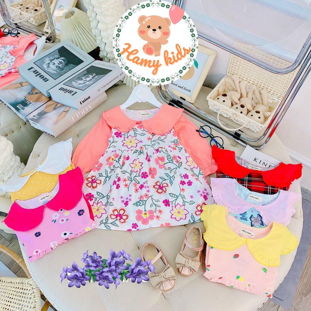 Váy Đầm Tiểu Thư MINKY MOM Chính Hãng Bé Gái Tay Dài Chất Liệu Vải COTTON Hoa Nhí Xinh Xắn Cho Bé Dưới 20kg - Hamykids