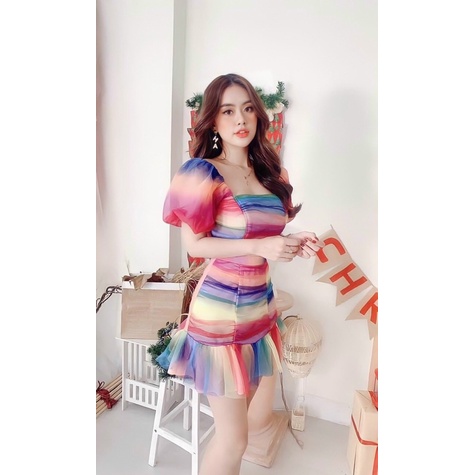 Đầm body 2 dây chất thun gân in TRIPBLE T DRESS - Free size