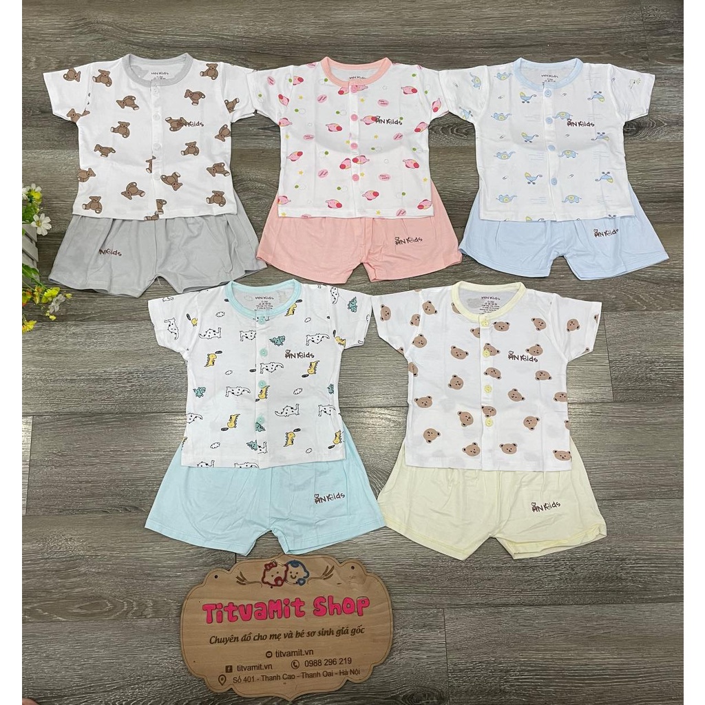 Bộ cộc hnkids cúc giữa peptit áo trắng quần màu, bộ cộc tay cho bé trai, bé gái