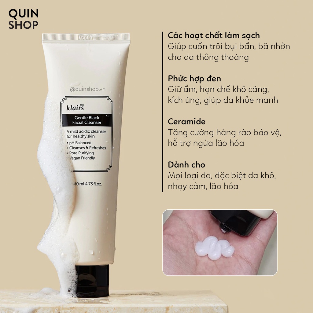 Sữa Rửa Mặt Dịu Nhẹ, Sạch Sâu Cho Da Khô, Nhạy Cảm, Lão Hóa Klairs Gentle Black Facial Cleanser 20ml, 140ml