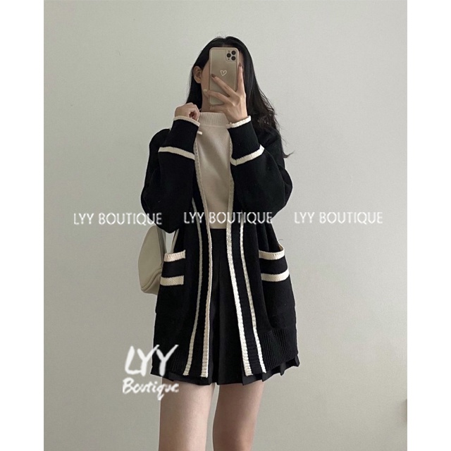 Áo cardigan len trơn viền nổi không cúc 2 túi trước 2 màu đen trắng LYY BOUTIQUE | BigBuy360 - bigbuy360.vn