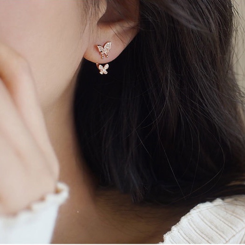 Khuyên tai bạc 925 SUMMERY hình bướm đính đá chốt sau đeo 2 kiểu S925 mạ vàng hồng