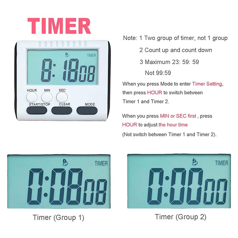 Digital Kitchen Timer 24 Hour Large LCD Screen Alarm Clock with Count Up and Count Down Function (Pack of 8)