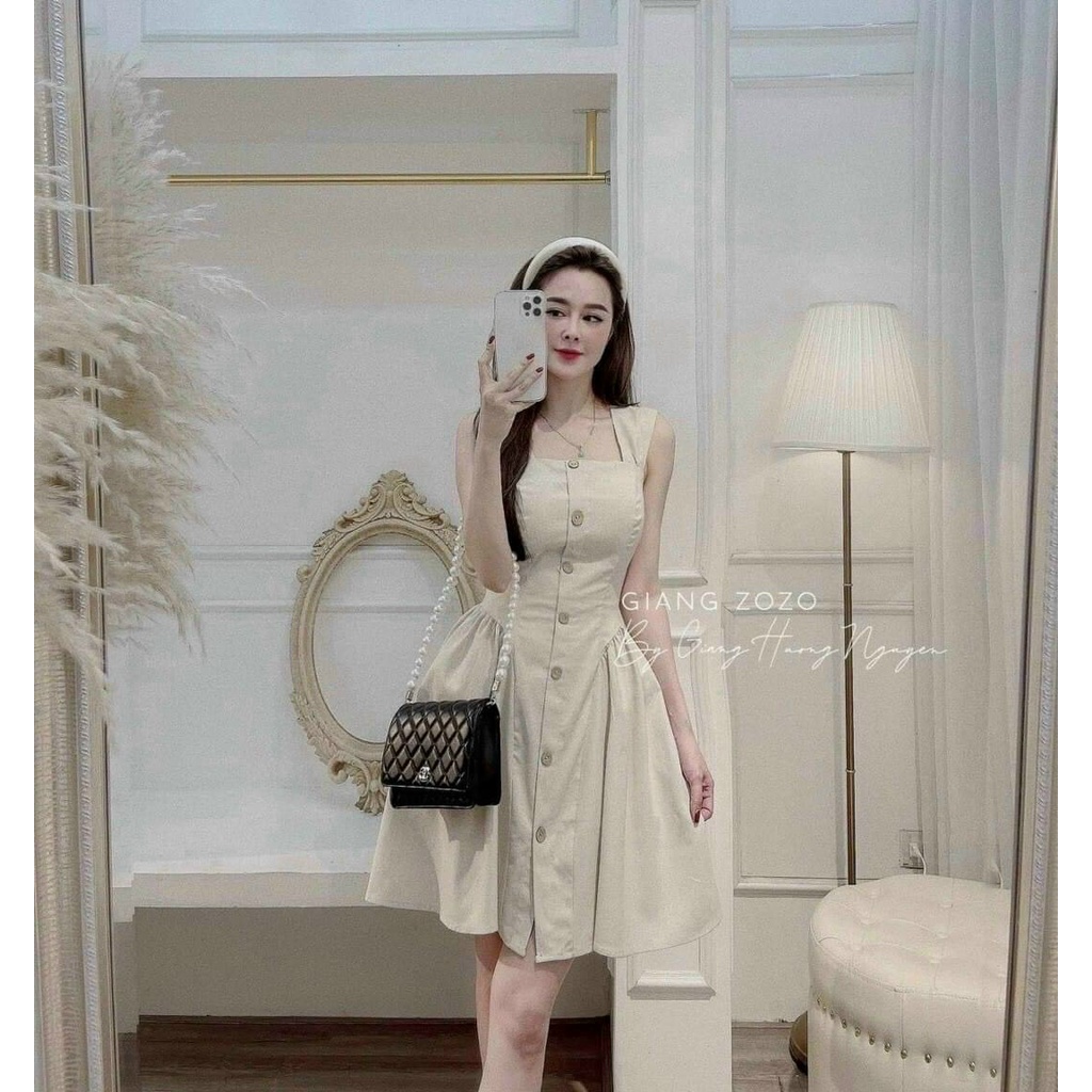 [8.8 Sales Freeship] Đầm tiểu thư nữ, đầm cánh tiên cổ vuông đính nút dáng xòe dài, đầm midi ôm eo from xòe xinh xắn