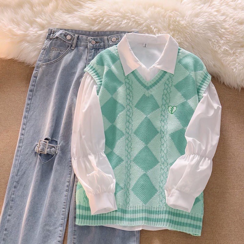 Set quần áo đi học/ set gile xanh lá + quần jeans thời trang phong cách Hàn Quốc dành cho nữ