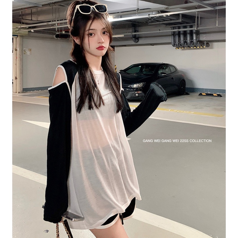 Áo Thun Tay Dài Dáng Rộng Hở Vai Phối Màu Tương Phản Thời Trang Mùa Hè Dành Cho