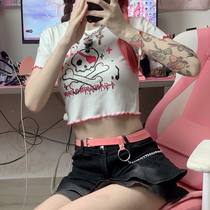 Áo thun croptop nữ tay ngắn cổ tròn in hình hoạt hình đơn giản thời trang mùa hè