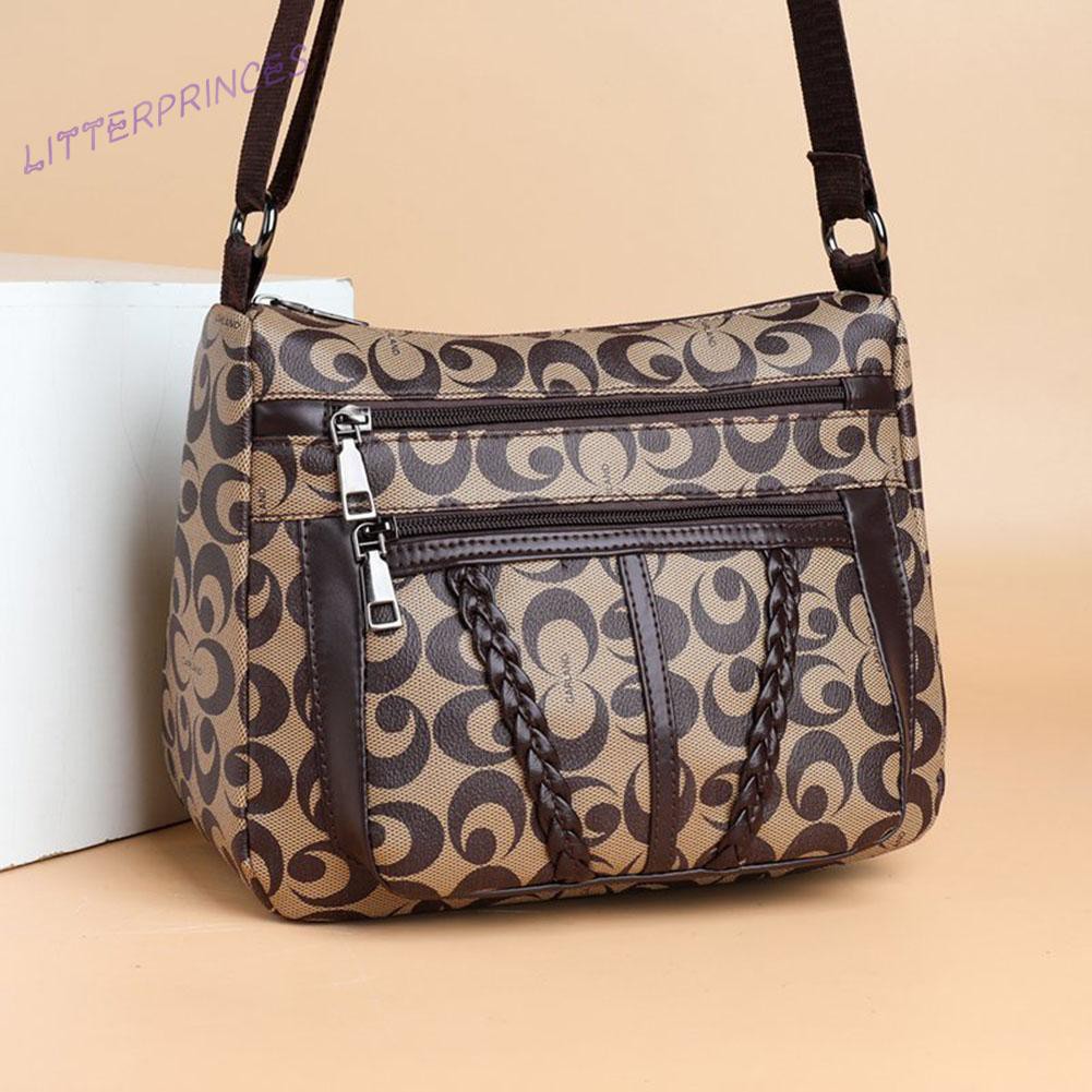 Litterprinces Retro Women Print Leather Shoulder Crossbody Bag Multi-pocket Small Handbag