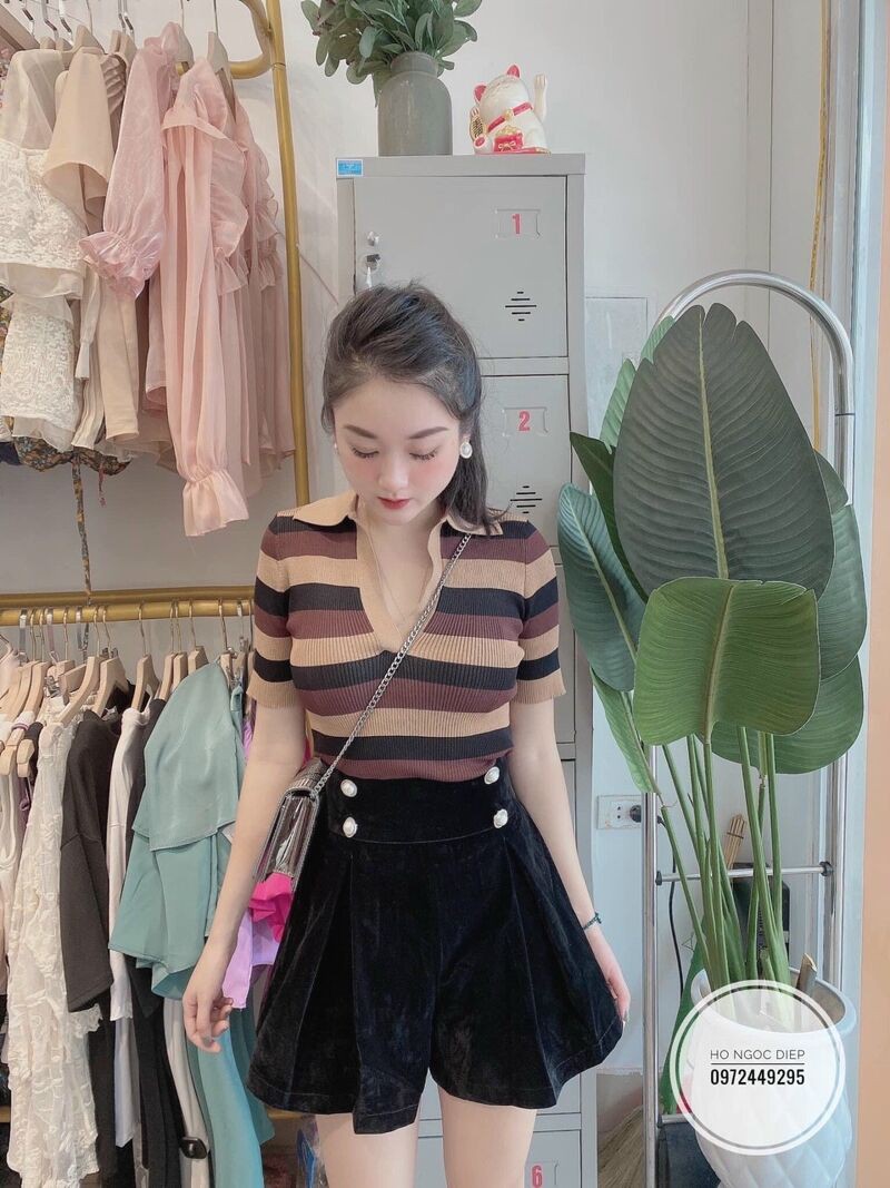 Áo kẻ quảng châu cổ bẻ hót trend