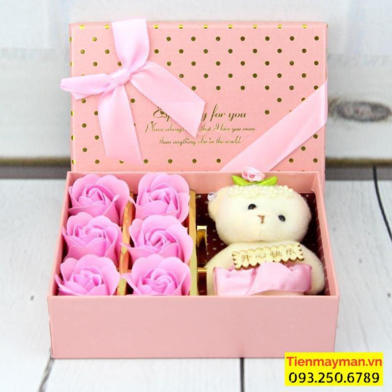 Quà Tặng 14-2 8/3 -  Hộp Hoa Hồng Sáp Thơm 6 Bông Kèm Gấu (Gấu mềm) - tặng kèm thiệp chúc mừng
