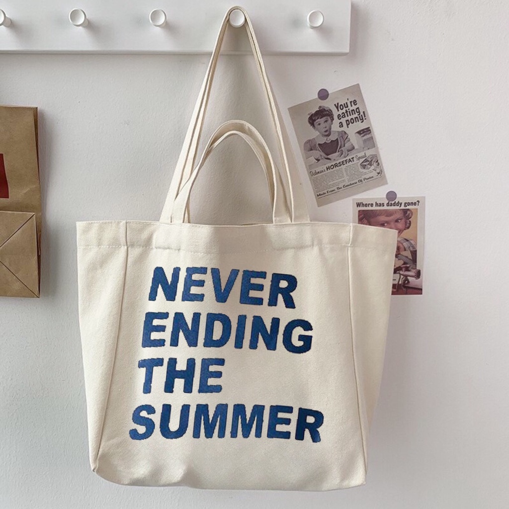Túi tote HAZIN size lớn vải canvas ulzzang unisex Never Ending  có khoá miệng ngăn phụ đi học đi chơi đựng vừa khổ a4