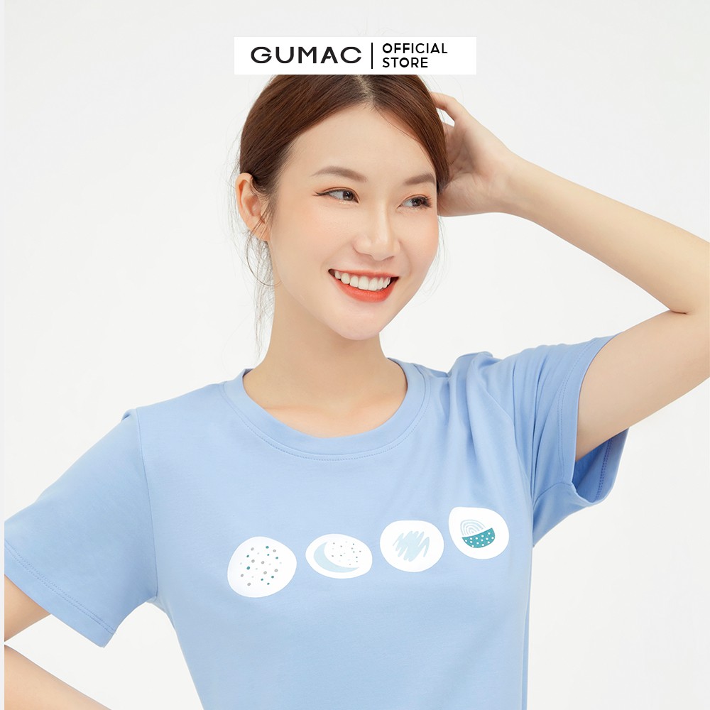 [Mã MABR07062 giảm 8% tối đa 50K đơn từ 249K] Áo thun nữ basic in họa tiết GUMAC màu xanh, tay ngắn năng động ATB553