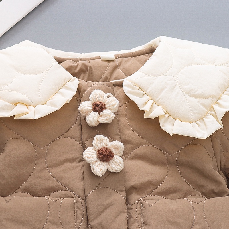 Áo Khoác Cotton Dày Ngắn Cổ Búp Bê Viền Bèo Dễ Thương Giữ Ấm Mùa Đông Cho Bé Gái