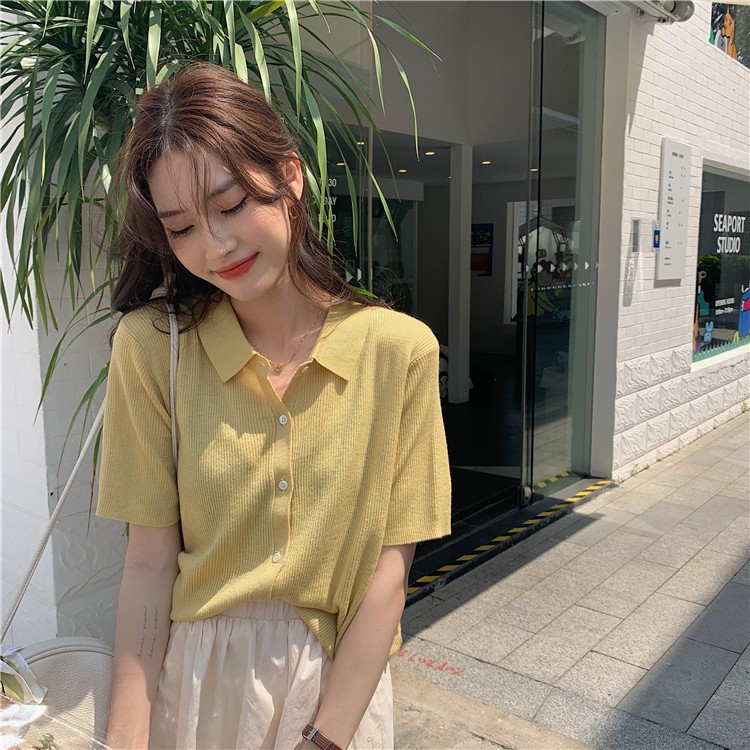 Áo thun POLO dệt kim tay ngắn dáng rộng màu sắc đơn giản dễ phối đồ | BigBuy360 - bigbuy360.vn