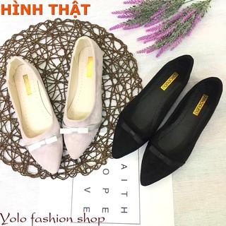 Giày búp bê nữ, giày bệt nữ đế bằng da lộn đính nơ nhỏ xinh xắn hàng QC cao cấp OD6