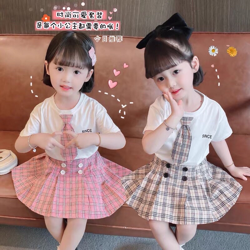 Set bé gái,set bộ kẻ áo phông chân váy xoè kẻ cực xinh cho bé gái D001