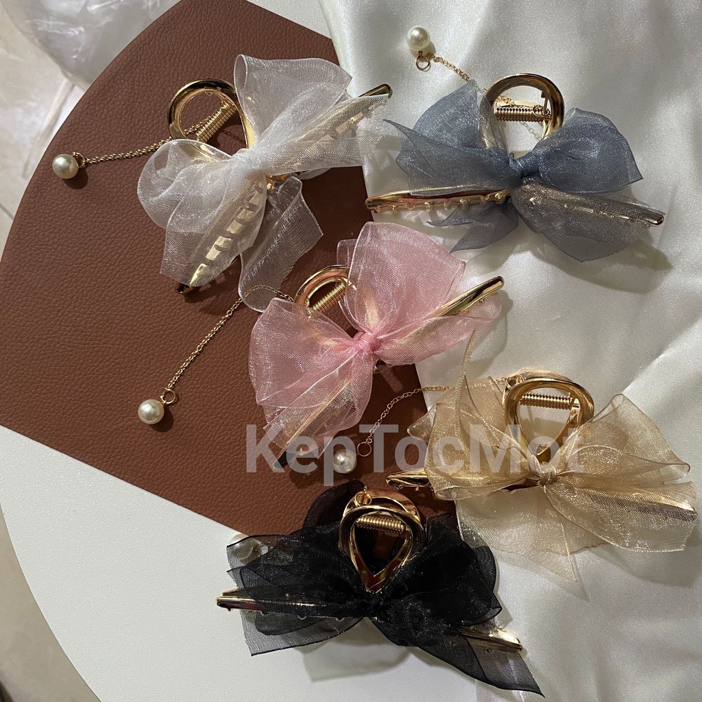 Kẹp tóc kim loại cá mập càng cua hình nơ đính ngọc trai nhân tạo ren Hàn Quốc cặp tóc xinh sang chảnh KT61