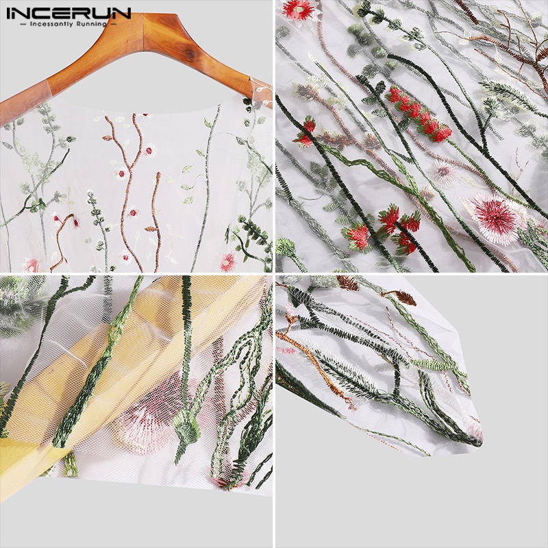 Áo thun INCERUN tay dài phối lưới xuyên thấu thêu hoa quyến rũ cho nam