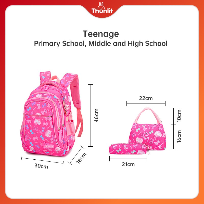 Bộ 3 món cặp đi học Thunlit cho các cô gái tuổi teen màu đen tím xanh dương đỏ hoa hồng chống thấm nước cỡ lớn