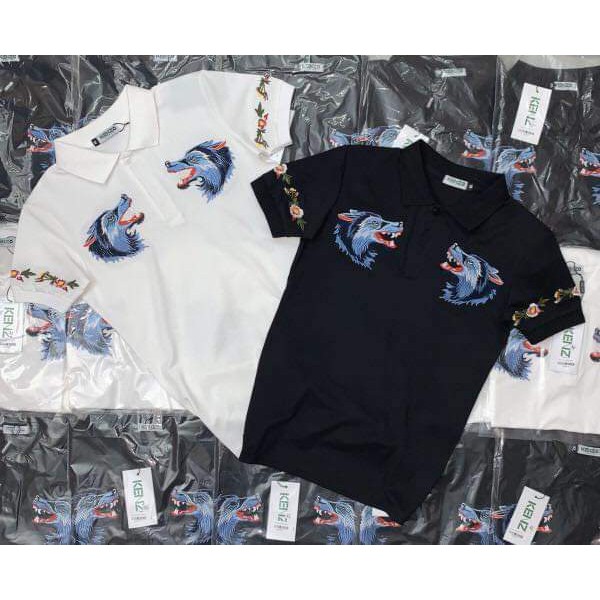 Áo thun nam ngắn tay cổ bẻ thêu sói nổi mạnh mẽ vải cotton xịn xuất khẩu